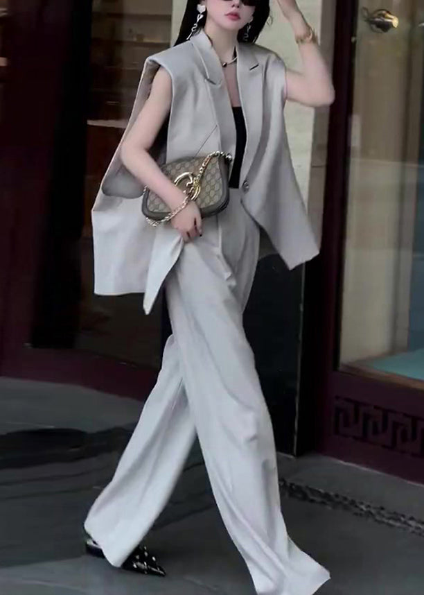 French Grey Notched Patchwork Waistcoat and Wide Leg Pants Spandex Two Piece Set Sleeveless