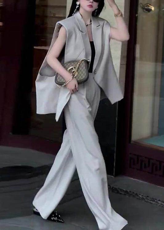 French Grey Notched Patchwork Waistcoat and Wide Leg Pants Spandex Two Piece Set Sleeveless