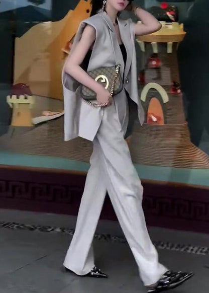 French Grey Notched Patchwork Waistcoat and Wide Leg Pants Spandex Two Piece Set Sleeveless