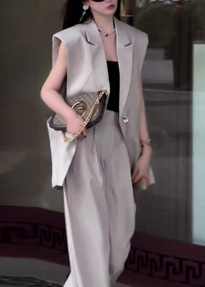 French Grey Notched Patchwork Waistcoat and Wide Leg Pants Spandex Two Piece Set Sleeveless
