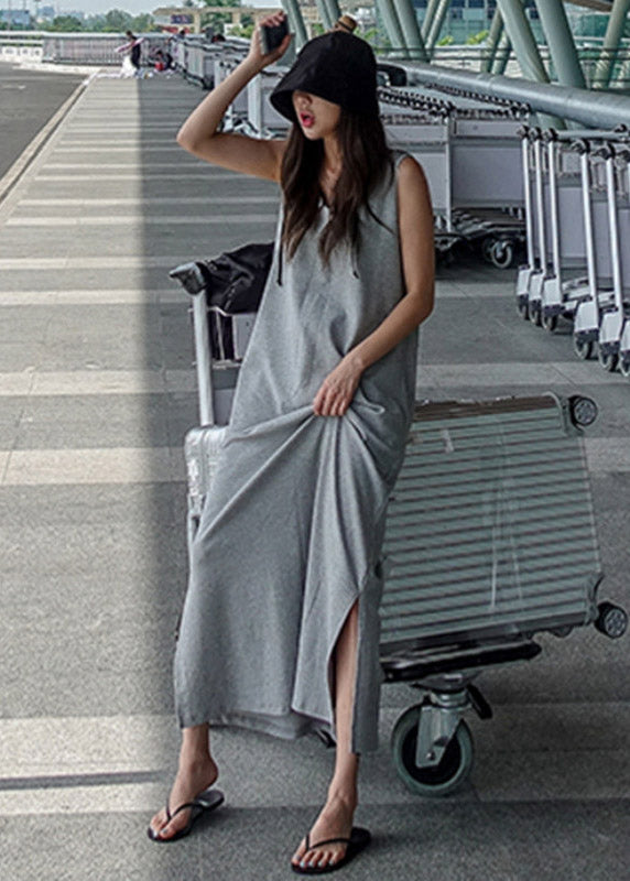 French Grey O-neck Backless Side Open Cotton Long Dress Sleeveless