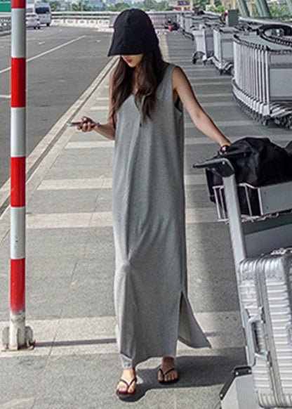 French Grey O-neck Backless Side Open Cotton Long Dress Sleeveless