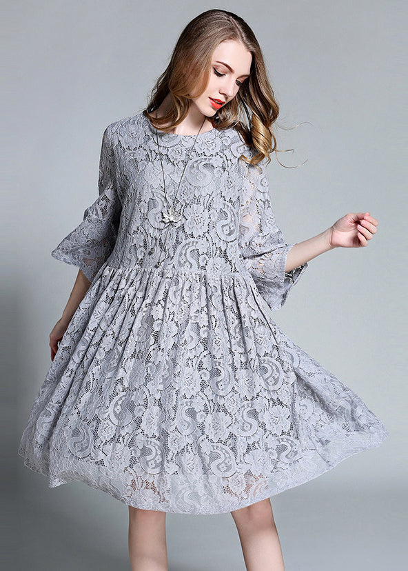 French Grey O-neck Hollow Out Lace Mid Dress Bracelet Sleeve