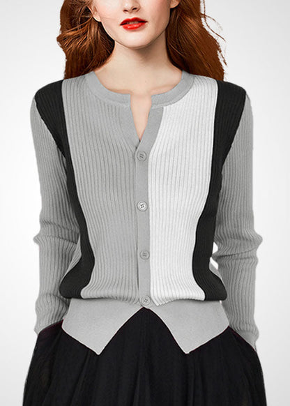 French Grey O-neck Patchwork Wool Knit Cardigans Winter