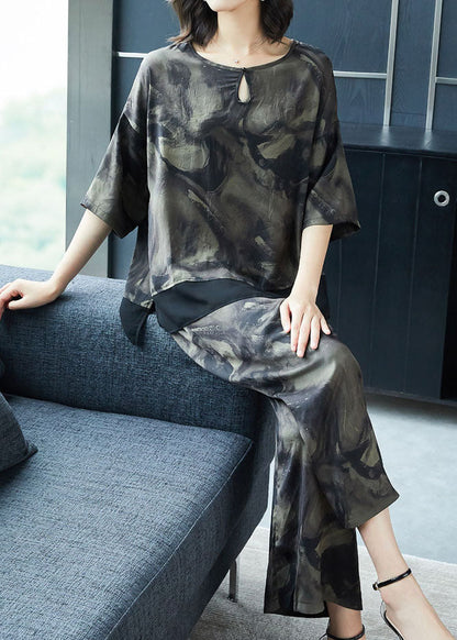 French Grey O-neck Print Tops and Pants Silk Two Pieces Set Summer