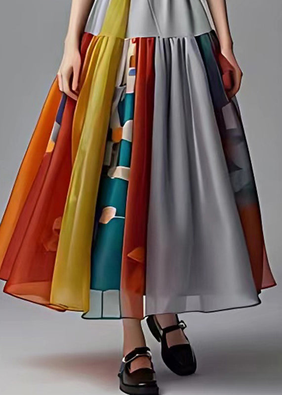 French Grey O-neck Print Wrinkled Chiffon Long Dress Summer