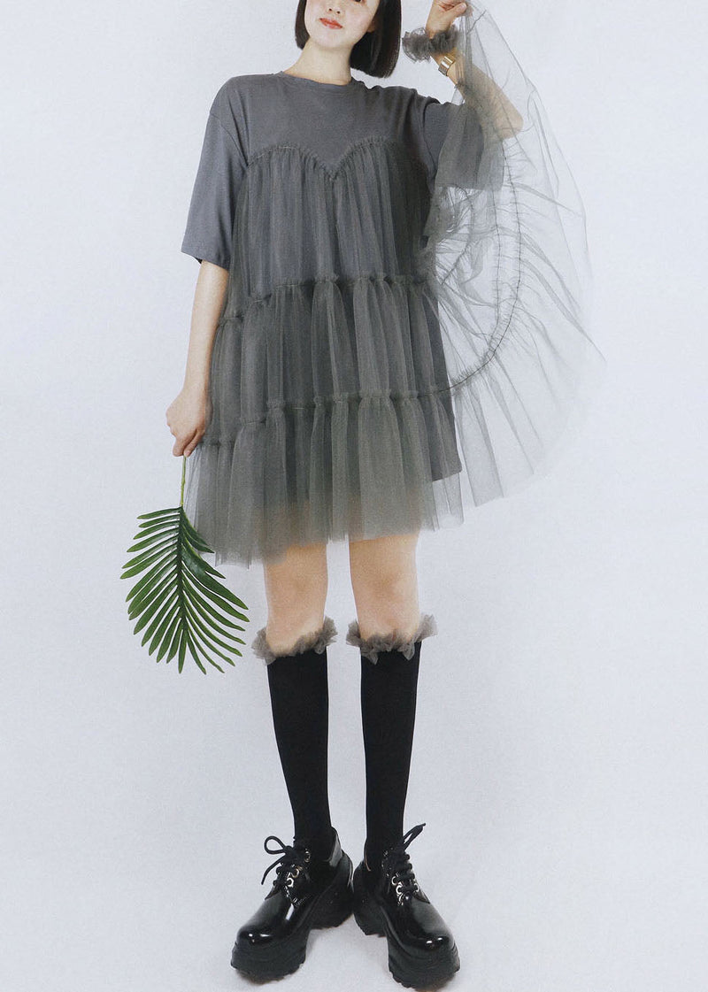 French Grey O-neck Tulle Patchwork Cotton Robe Dresses Short Sleeve
