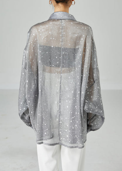 French Grey Oversized Print Silk Shirt Tops Summer