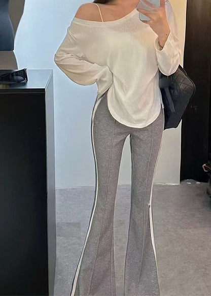 French Grey Patchwork Striped Cotton Flared Trousers Fall