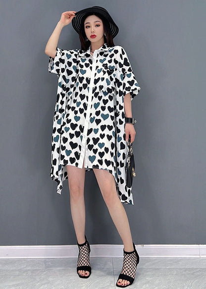 French Grey Peter Pan Collar Asymmetrical Design Heart-shaped Print Chiffon Shirt Dress Short Sleeve