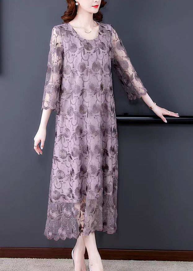 French Grey Purple O-neck Embroideried Tulle Dresses Three Quarter Sleeve