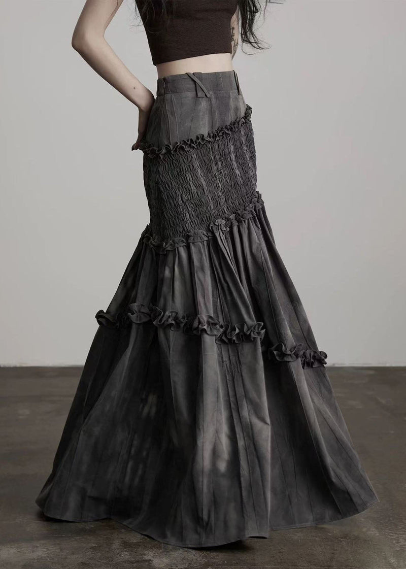 French Grey Ruffled Patchwork Cotton Wraped Skirts Spring