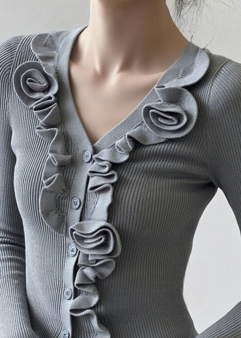 French Grey Ruffled Patchwork Knit Short Sweater Spring
