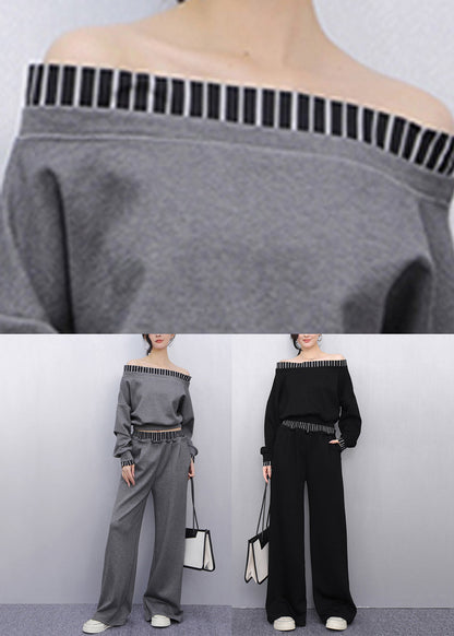 French Grey Striped Patchwork Top and Straight Pants Two Pieces Set Puff Sleeve