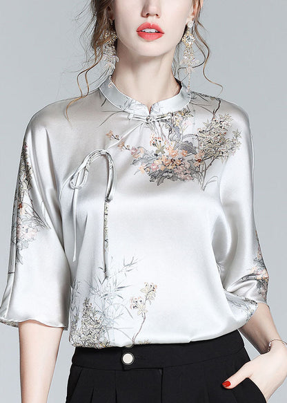 White Text Silk Stand Collar Oriental Satin Shirt Top Half Sleeve Blouse