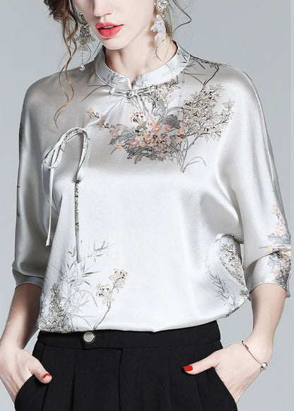 White Text Silk Stand Collar Oriental Satin Shirt Top Half Sleeve Blouse