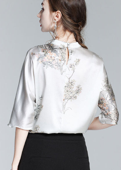 White Text Silk Stand Collar Oriental Satin Shirt Top Half Sleeve Blouse