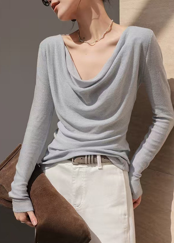 French Grey Turtle Neck Wool Knit Top Spring