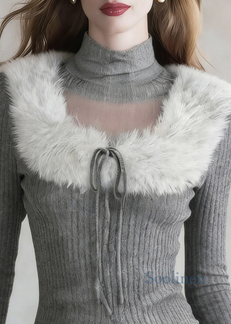 French Grey Turtleneck Patchwork Cotton Knit Sweaters Spring