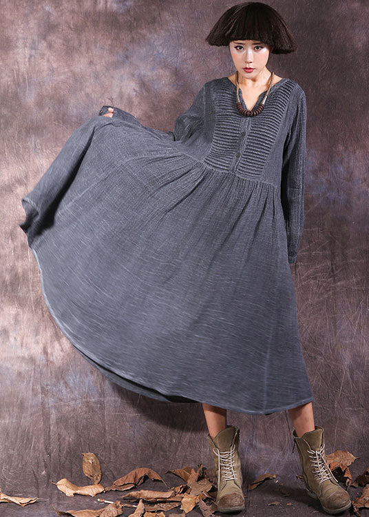 French Grey V Neck Wrinkled Cotton Holiday Dress Spring