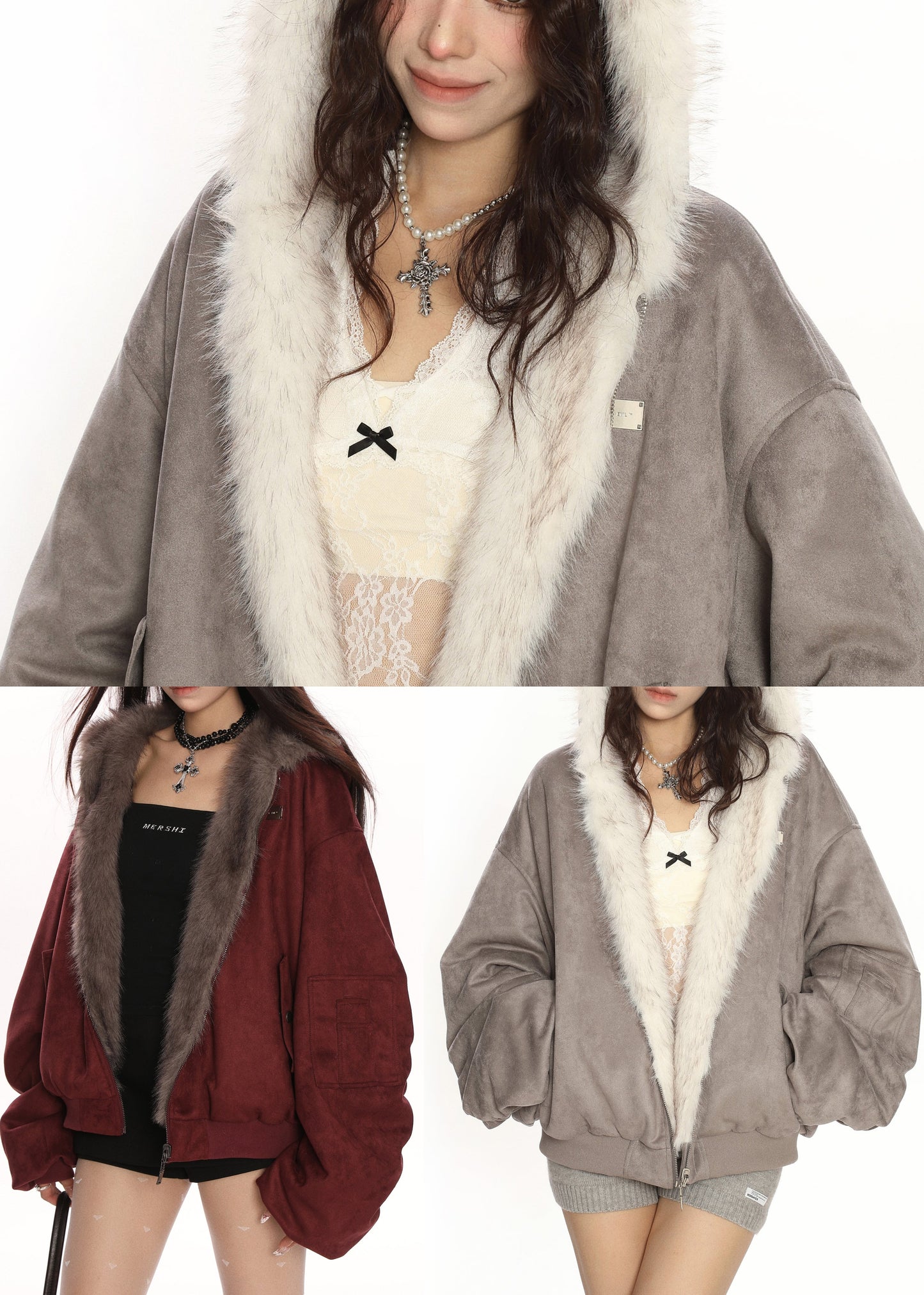 French Grey Wear on Both Sides Faux Suede Hooded Coats Winter
