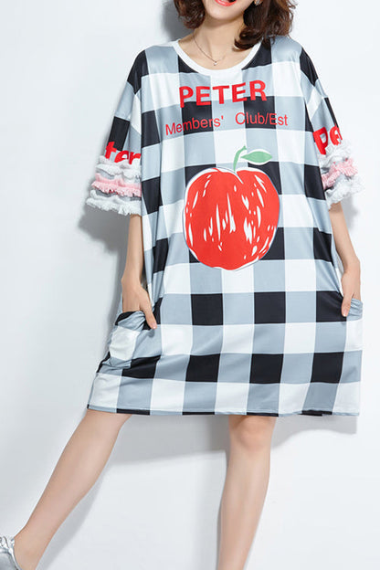 French Half Sleeve Silk Clothes Metropolitan Museum Runway Black Plaid Dress Summer