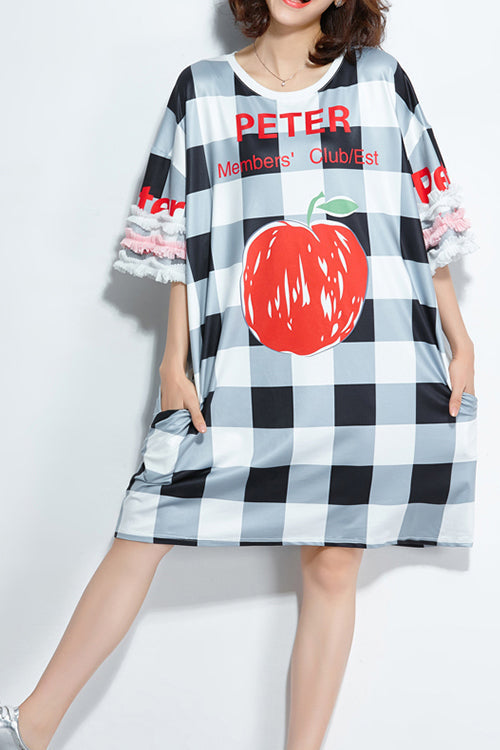 French Half Sleeve Silk Clothes Metropolitan Museum Runway Black Plaid Dress Summer