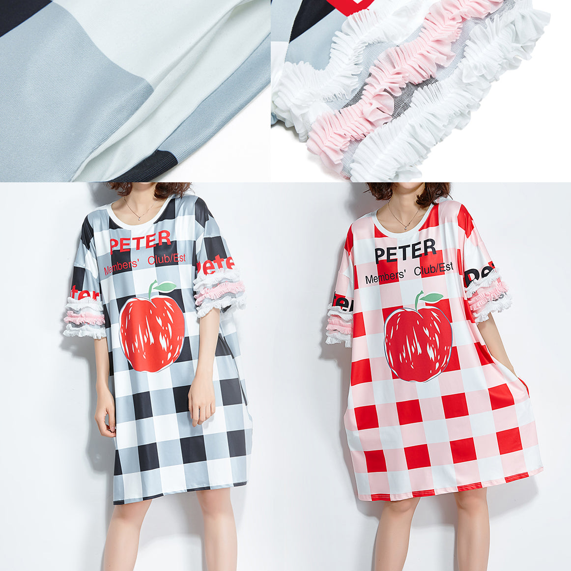 French Half Sleeve Silk Clothes Metropolitan Museum Runway Black Plaid Dress Summer