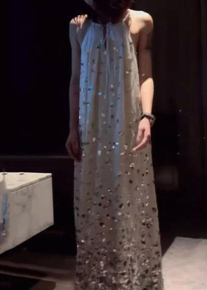 French Halter Sequins Line Maxi Spaghetti Strap Dress Sleeveless