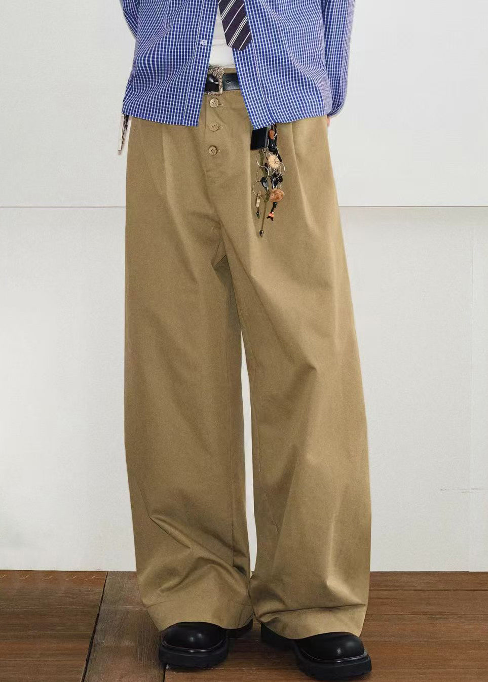 French Khaki Button Pockets Cotton Pants Summer