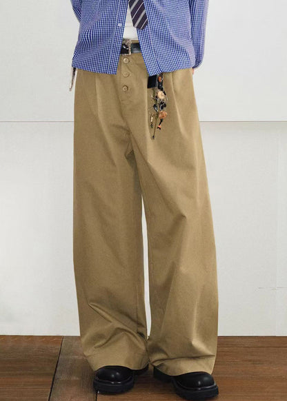 French Khaki Button Pockets Cotton Pants Summer