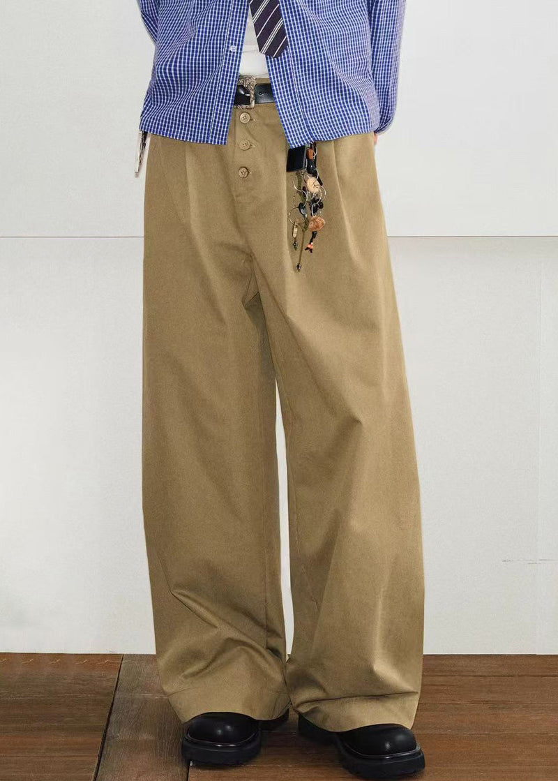 French Khaki Button Pockets Cotton Pants Summer