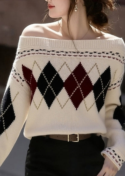 French Khaki Cold Shoulder Print Knit Sweaters Winter