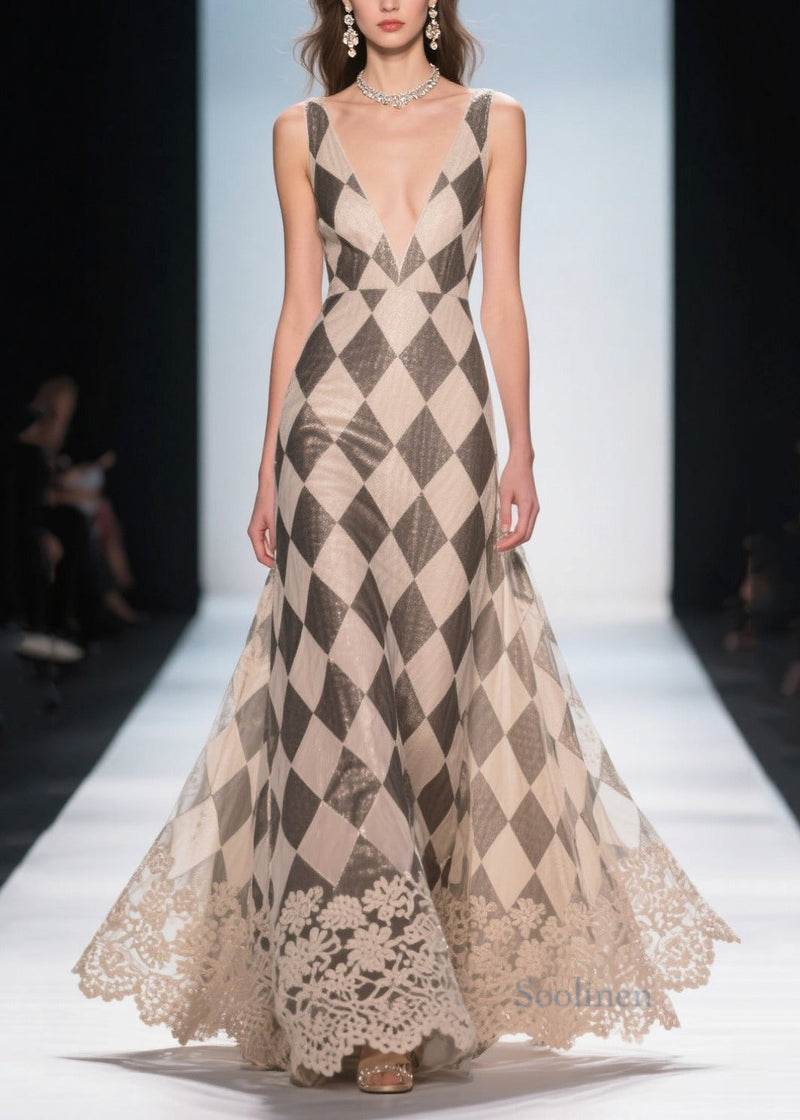 French Khaki Deep-v Neck Plaid Chiffon Dinner Dress Summer
