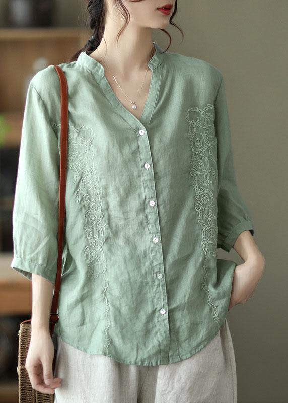 French Yellow Flower Embroidered V Neck Ramie Blouse Top Summer