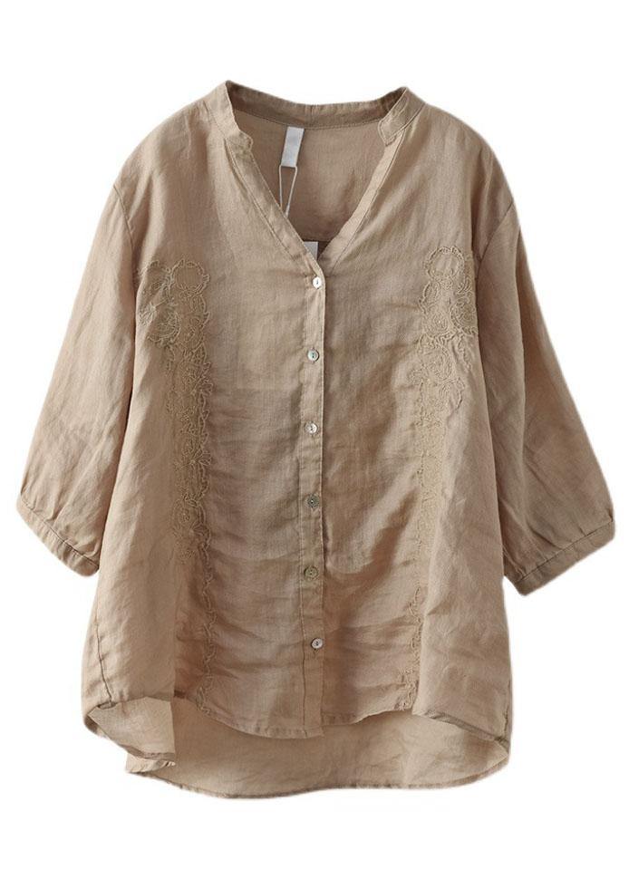 French Yellow Flower Embroidered V Neck Ramie Blouse Top Summer