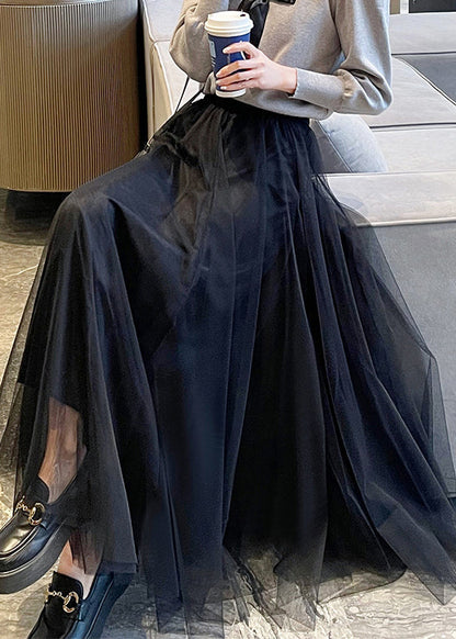French Khaki High Waist Wrinkled Tulle Skirts Summer