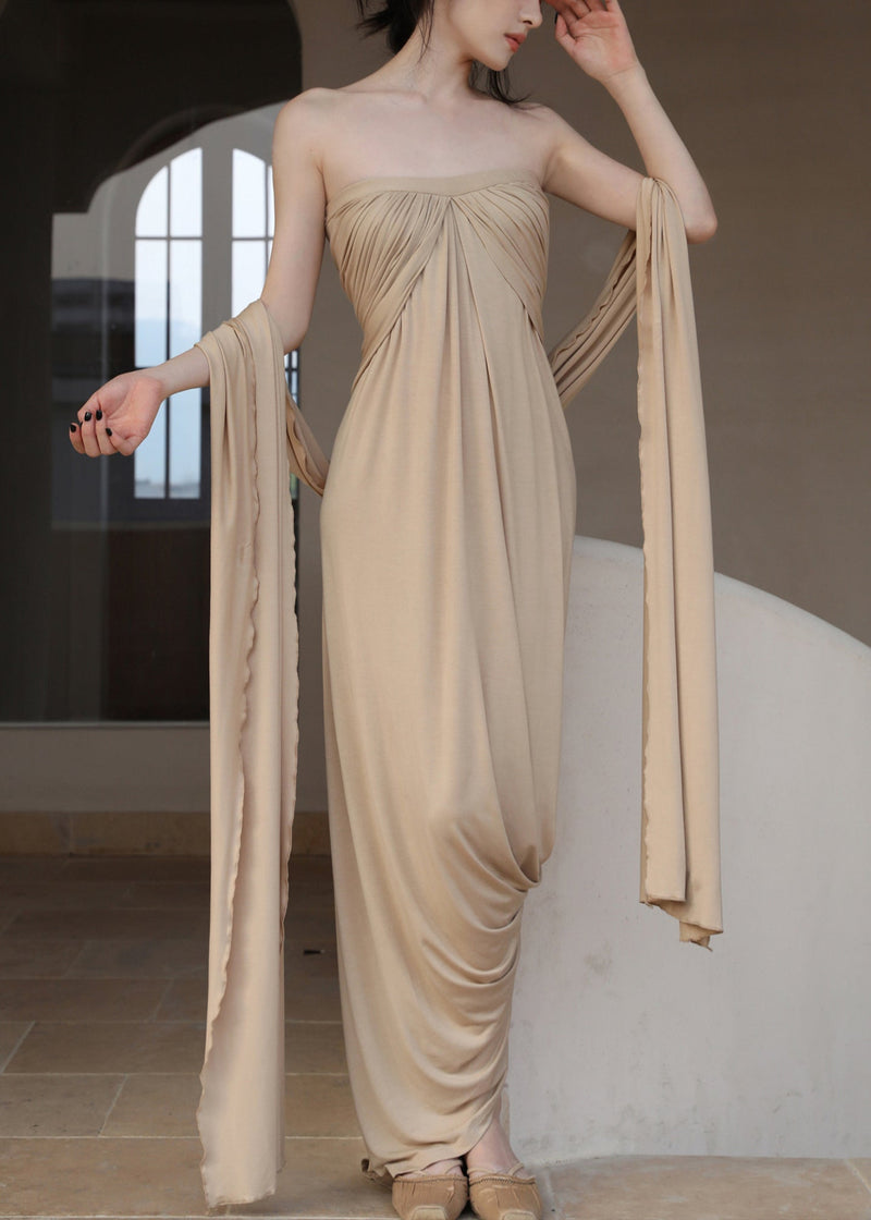 French Khaki Off the Shoulder Wrinkled Cotton Long Dresses Sleeveless
