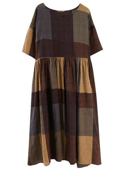 French Khaki Plaid Patchwork Summer Half Sleeve Holiday Dress