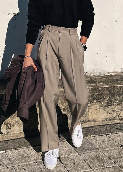 French Khaki Pockets High Waist Spandex Pants Fall