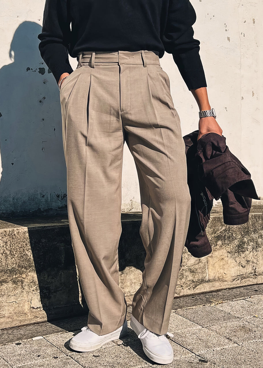 French Khaki Pockets High Waist Spandex Pants Fall