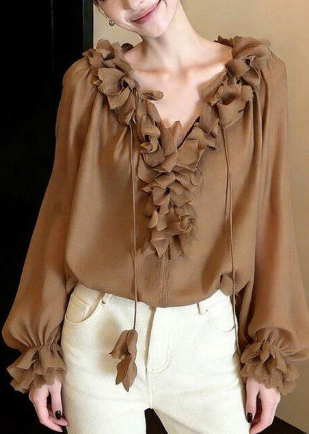 French Khaki Ruffled Lace Up Chiffon Shirts Spring