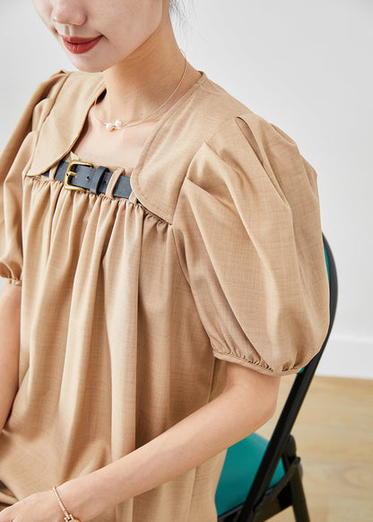 French Khaki Square Collar Cotton a Line Dress Puff Sleeve