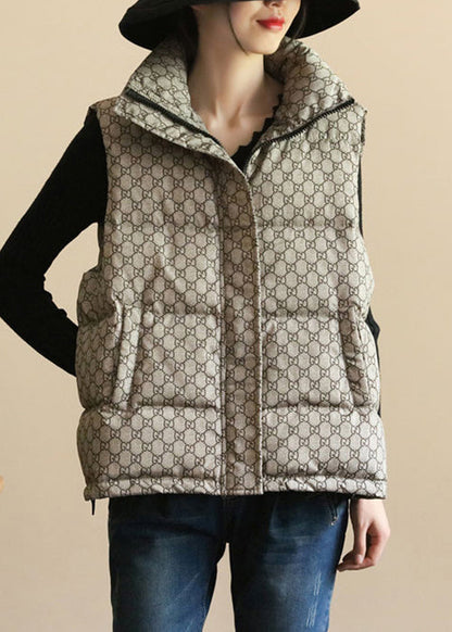 French Khaki Stand Collar Print Patchwork Duck Down Waistcoat Sleeveless