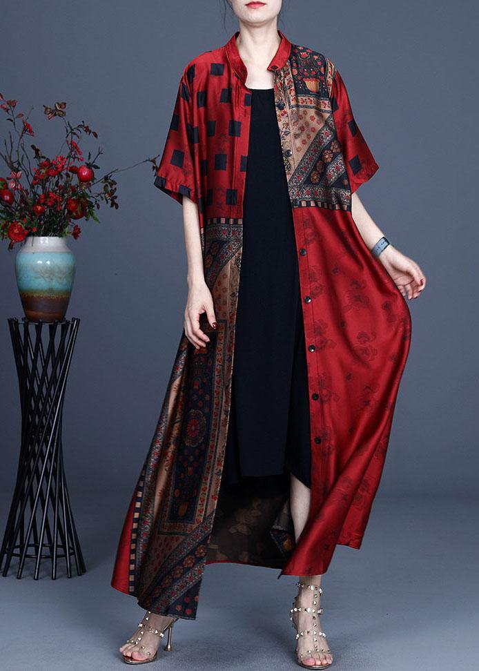 French Khaki Stand Collar Print Retro Summer Chiffon Cardigan