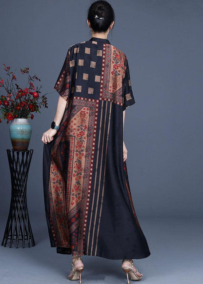 French Khaki Stand Collar Print Retro Summer Chiffon Cardigan