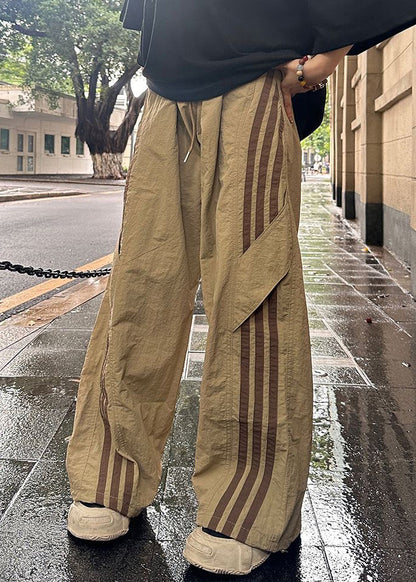 French Khaki Striped Elastic Waist Thin Cotton Pants Summer