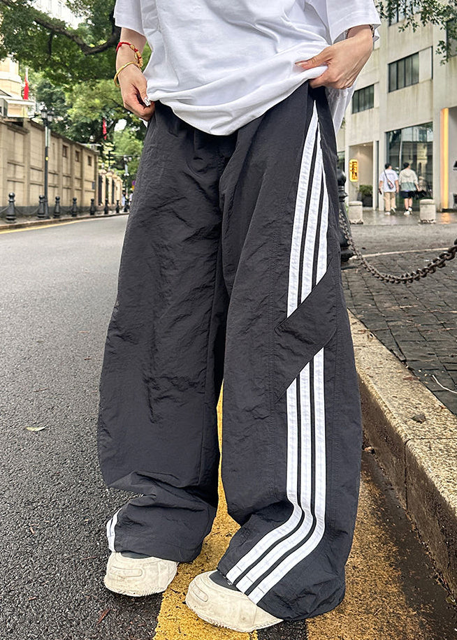French Khaki Striped Elastic Waist Thin Cotton Pants Summer