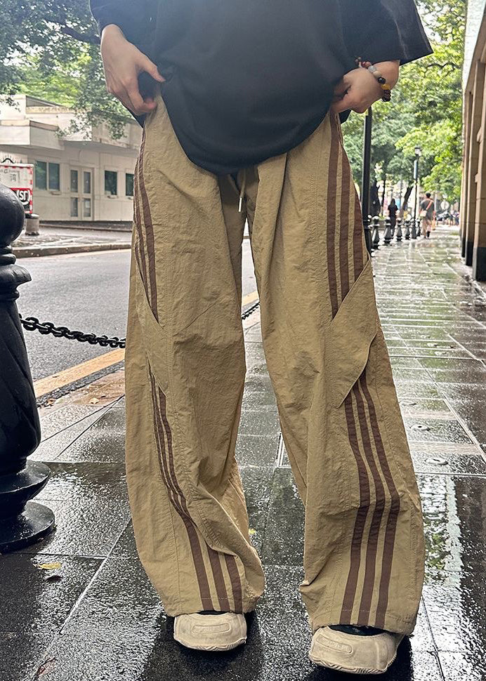 French Khaki Striped Elastic Waist Thin Cotton Pants Summer