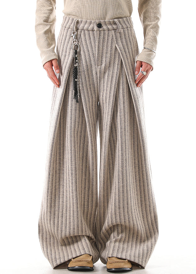 French Khaki Striped Pockets High Waist Woolen Pants Fall